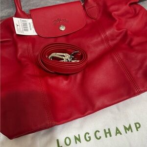 Longchamp Le Pliage Cuir - Cherry Red Leather Tote with Detachable Strap - NEW